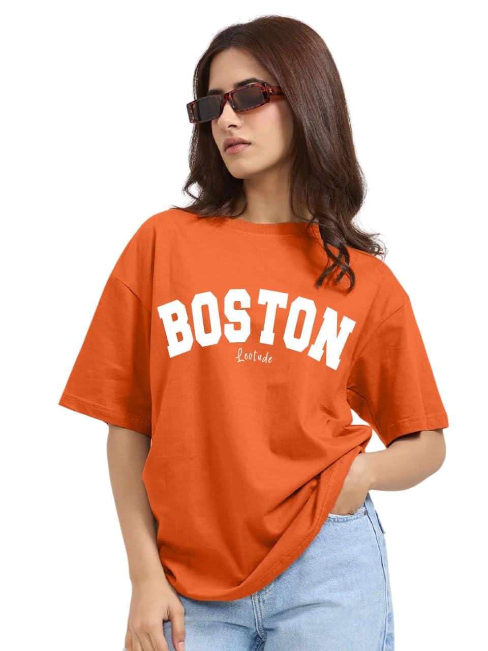 leotude Oversized Loose Baggy Fit Drop Shoulder Half Sleeve Round Neck Cool Front Teddy Printed T-Shirt for Women/Girls (Color: Orange)-picture-47