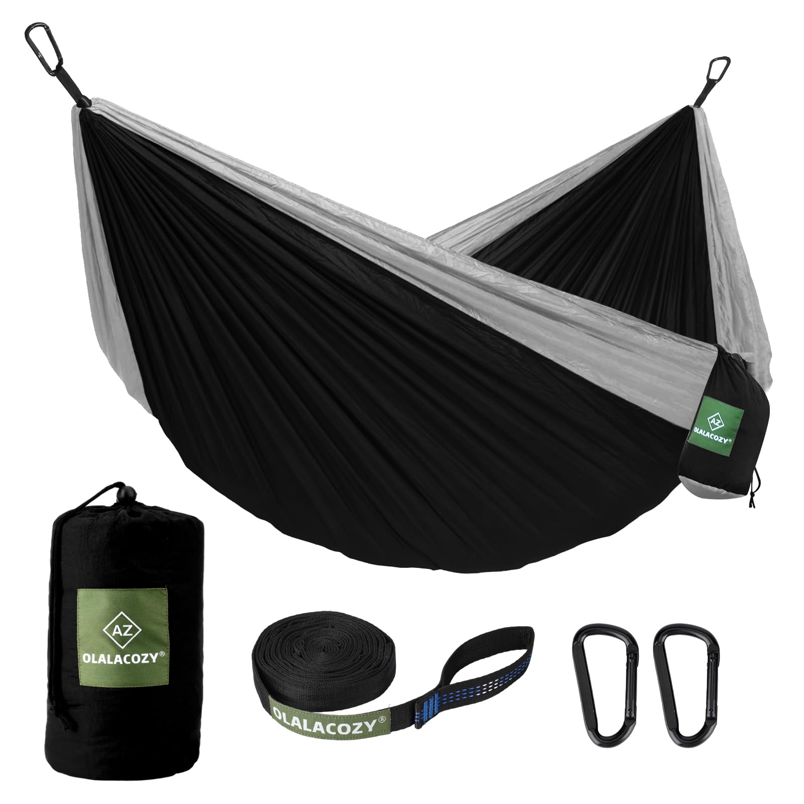 Camping Hammock,Camping Essentials,Lightweight Portable Double & Single Hammock with Tree Straps, Camping Gear for Outside Hiking Camping Beach Backpack Travel (Black & Grey, Medium)