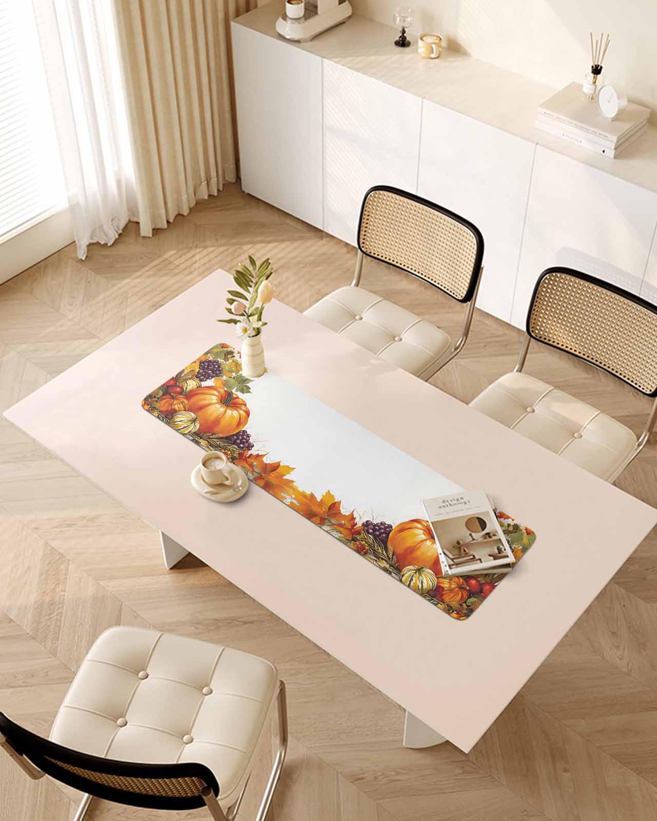 Debedcor Heat Proof Table Pads Waterproof Decorative, Fall Pumpkins Grapes Non-Slip Table Countertop Protector, Thanksgiving Harvest Maple Leaf Insulation Mat for Kitchen Room, 40 x 12 Inches