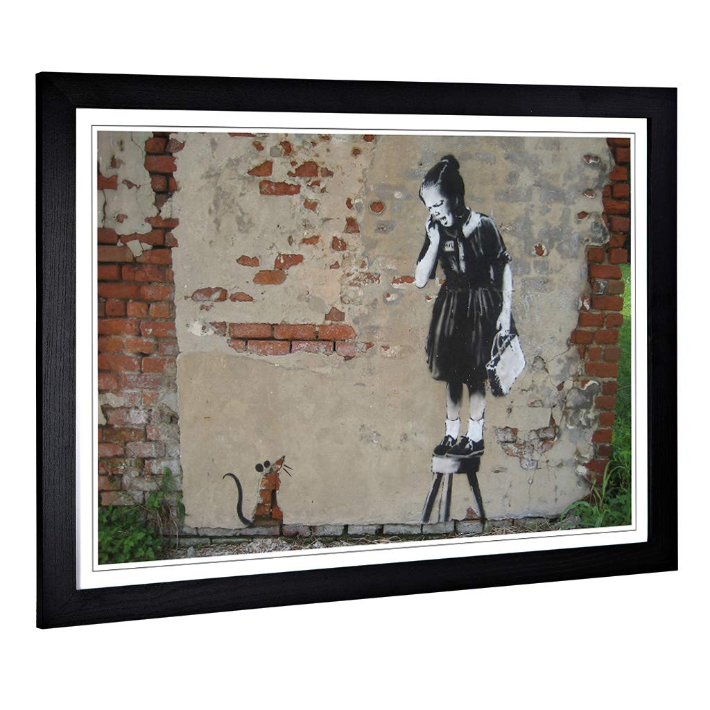 Big Box Art Framed Print of Banksy Girl & Rat Graffiti Design | Wall Art Picture | Home Decor for Kitchen, Living Room, Bedroom, Hallway, Black, A2 / 24.5x18 Inch / 62x45cm