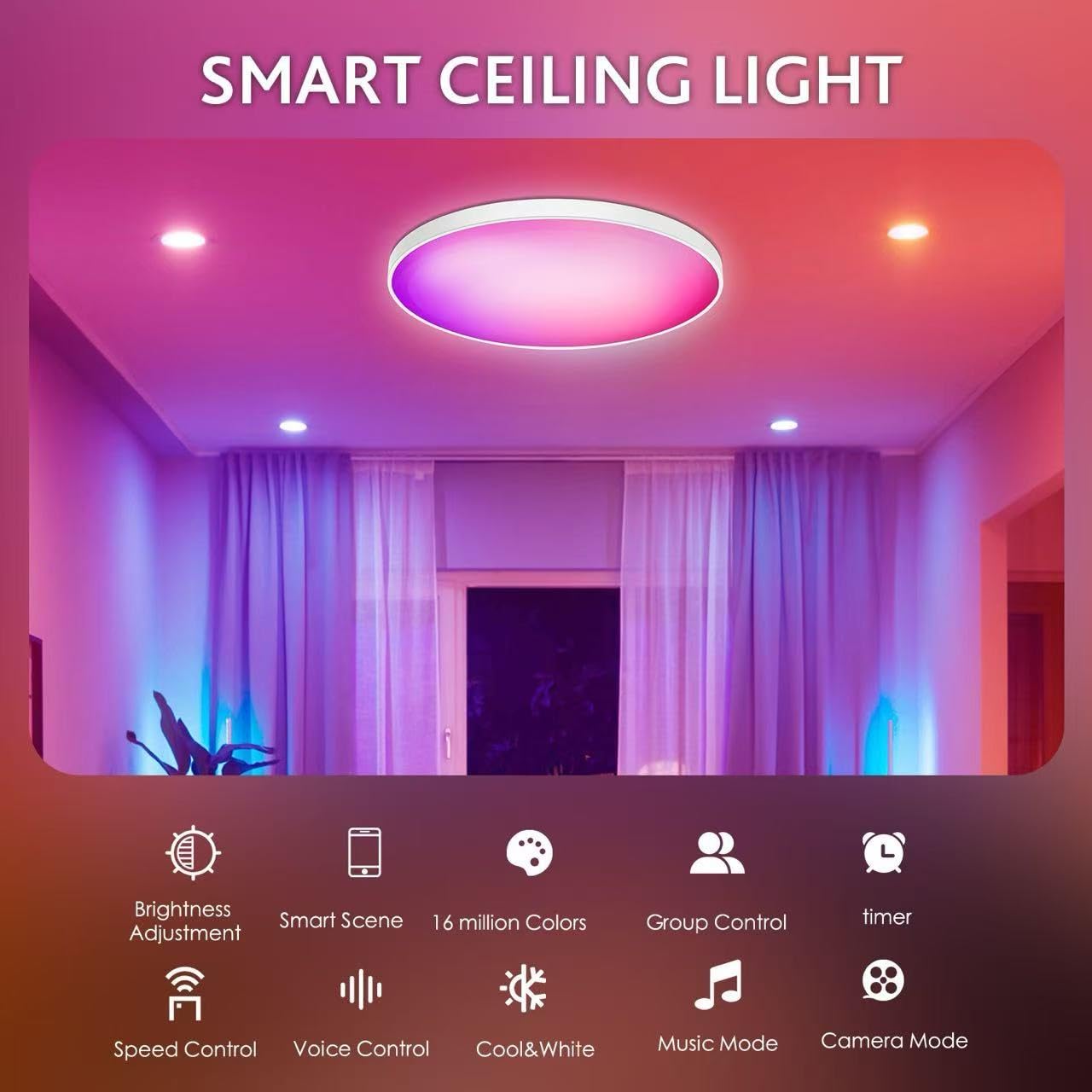 Lampada da Soffitto LED Intelligente 24W Dimmerabile, RGB+CCT 2700K-6500K, Compatibile Alexa/Google, IP54 Impermeabile, Timer, Modalità Musica, Luce Notturna per Casa