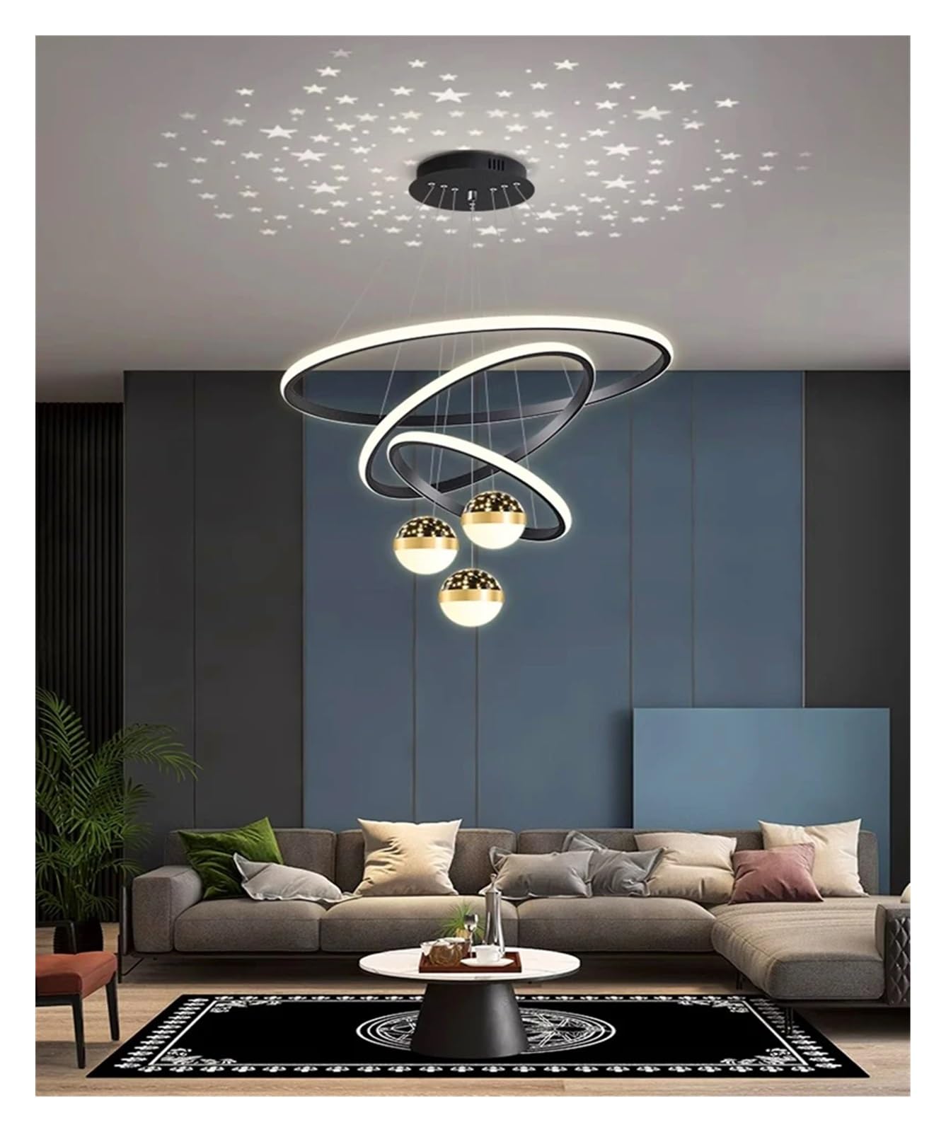 Nordic Style Jadalnia Lampa Wisząca Oświetlenie Wewnętrzne Lampa Sufitowa Wisząca Żyrandol Salon (Czarny 3R 20 40 60 Zdalne Ściemnianie RC)
