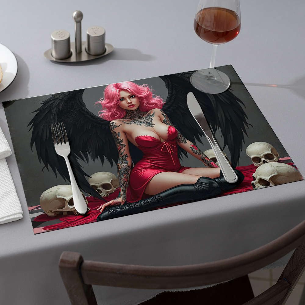 Set de table ange tatoué et crânes gothiques lot de 6 pièces lavables