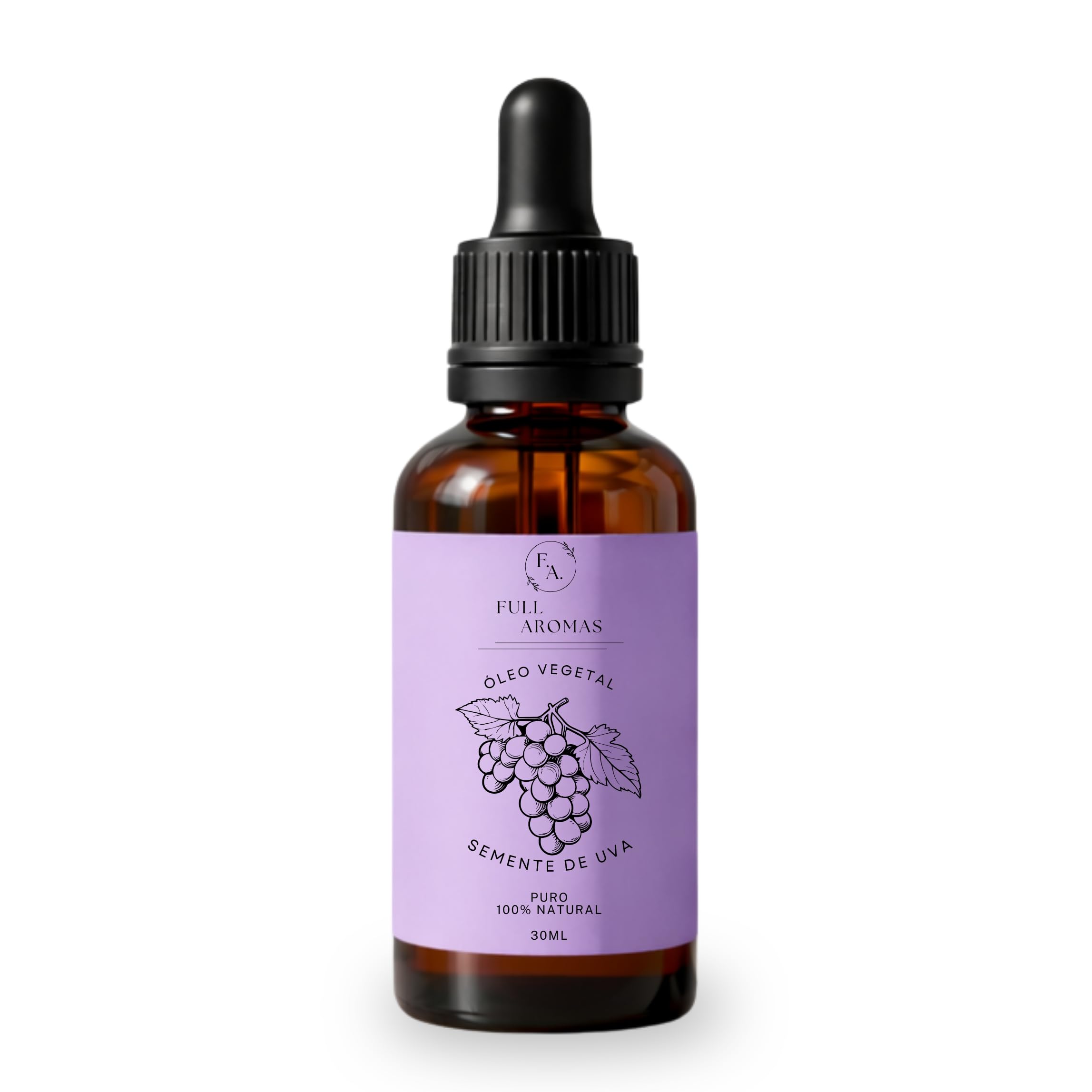 FULL AROMAS Óleo Vegetal de Semente de Uva, 100% Natural, Extraido a Frio, Textura leve, Rico em Vitamina E, Hidratante, Pele e cabelo, 30ml