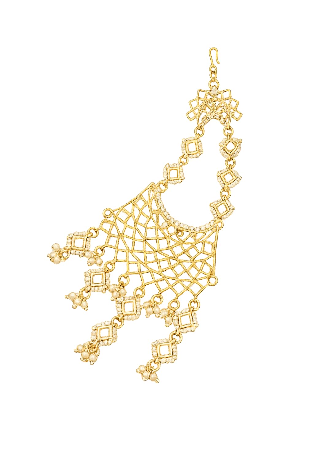 Gold-Plated Kundan Studded & Pearl Beaded Crescent Shaped Chandbali Style Jhumar Passa for Women | Bridal Side Head Jewellery | Meenakari Wedding & Festive Accessory-image-24