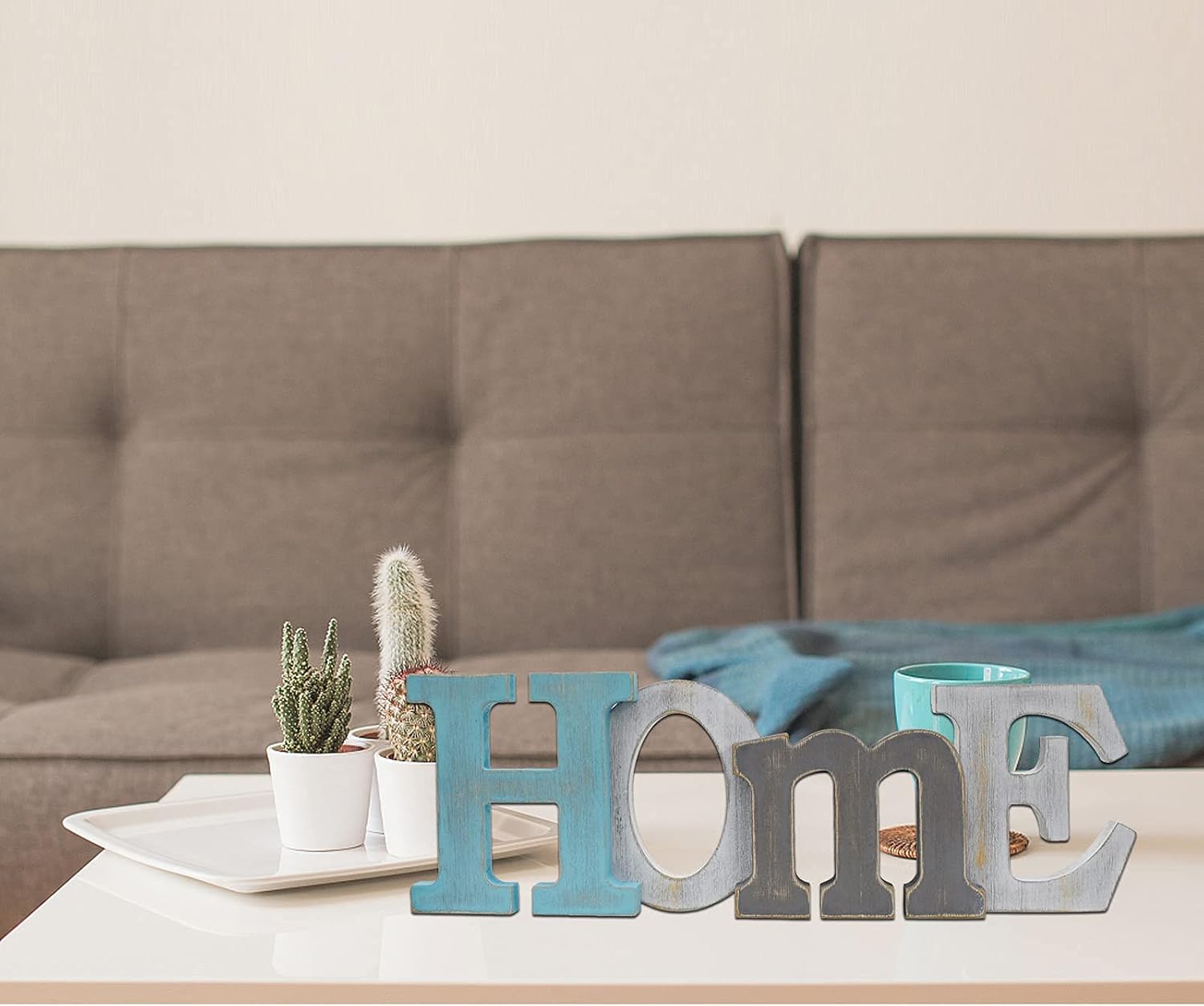 Linfevisi Wooden Home Sign Aqua Hanging Block Letters Sign Rustic Freestanding Wood Word Decor Decorative Home Table Sign Cutout Word Art Wall Decor (Home) - Image 3