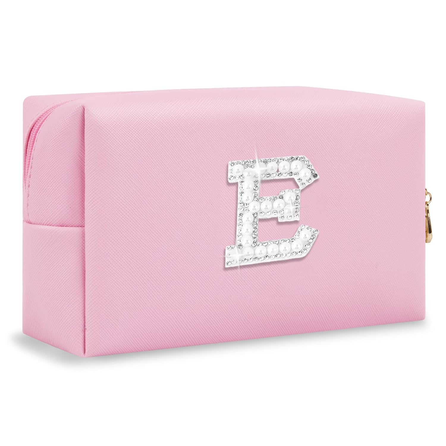 ChaoGreat Bride Gifts – Personalized Initial Makeup Bag with Pearl Rhinestone Patch, Preppy Pink Monogram Cosmetic/Toiletry Pouch, bridesmaid Gifts, Bridal Shower Gifts, Wedding Gifts, Bridal Gifts,E