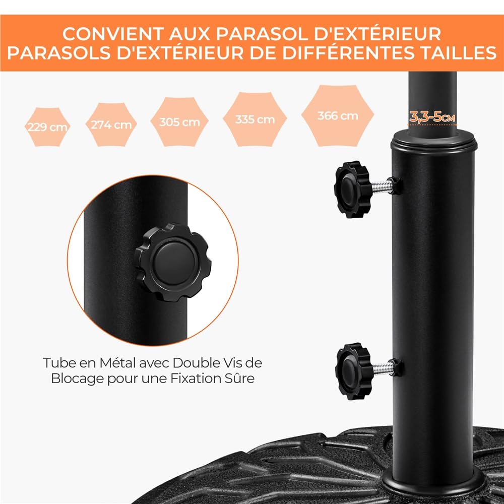 Yaheetech Pied de Parasol Rond à roulettes Verrouillables 20,6 kg | Mâts de 34/38/48 mm, mobilité facile, résine et métal résistant aux intempéries, idéal pour jardin/patio/terrasse/événements