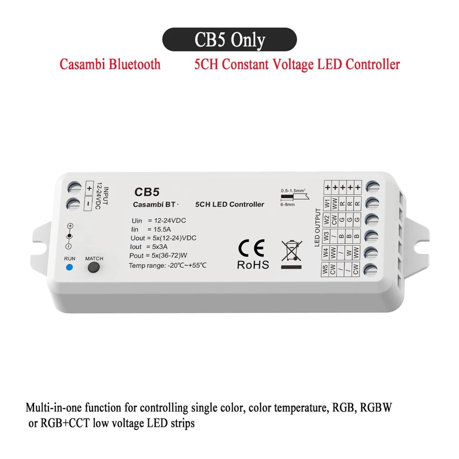 Controlador LED Atenuador LED 24V DC 12V Control de atenuación Monocromo CCT RGB RGBW RGBCCT Tira de luces LED(Casambi 5CH CB5)