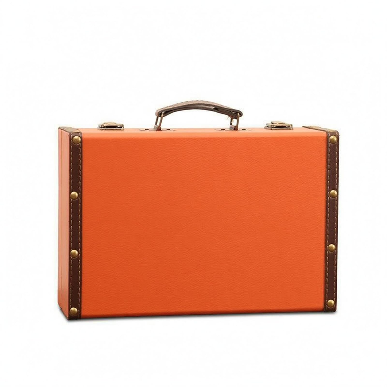 Leather-Like Vintage Suitcase Trunk Stitched Trim Hard-Sided Suitcase Metal Corner Guards Retro Display Trunk Rivet Hardware for Prop Use, Orange S-image-27