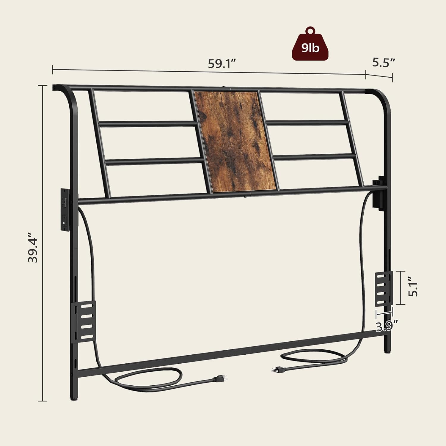 Queen Size Headboard Only, Metal Headboard with 2 Power Strips, Reclining Backrest, with Bed Frame Adapters, Easy Assembly, Rustic Brown and Black