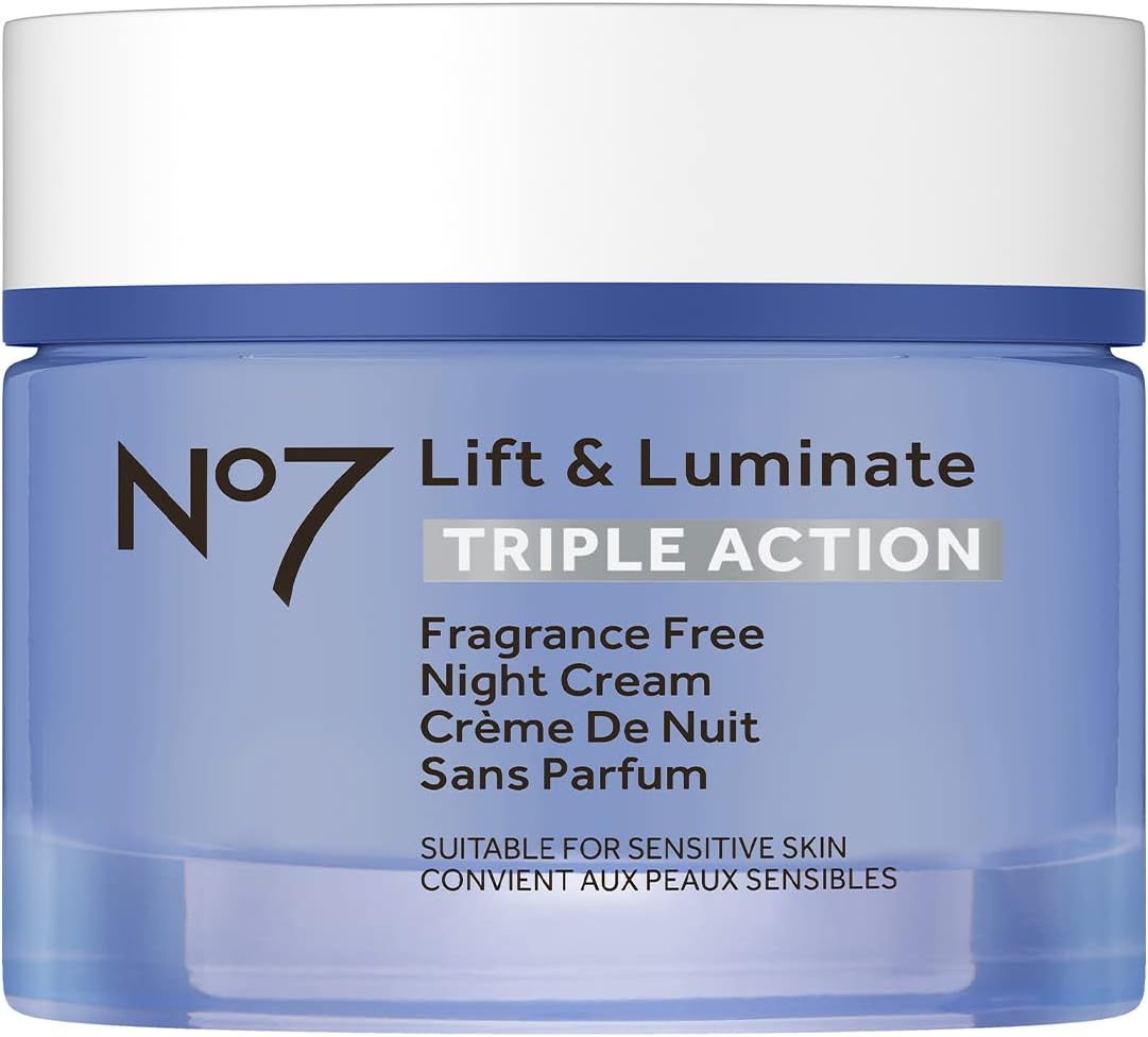 No7 Lift and Luminate Triple Action Fragrance-Free Night Cream – Anti-Wrinkle Collagen Peptide Brightening Moisturizer with Hyaluronic Acid, Hibiscus, and Vitamin C (50ml)