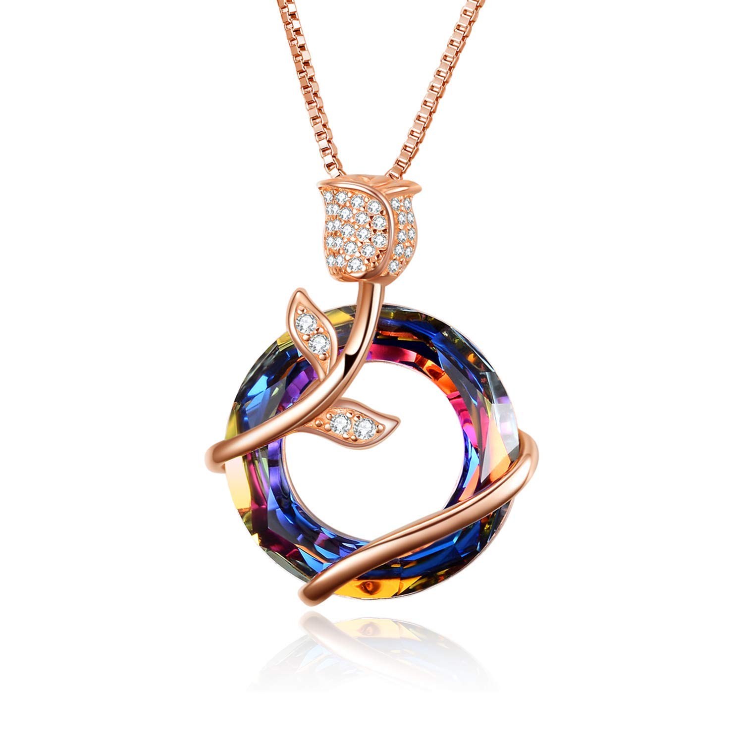 AOBOCO 925 Sterling Silver Necklace Rose Flower Pendant Crystal Jewellery Mothers Day Wedding Birthday Gifts for Her Women Girlfriend Wife Mum