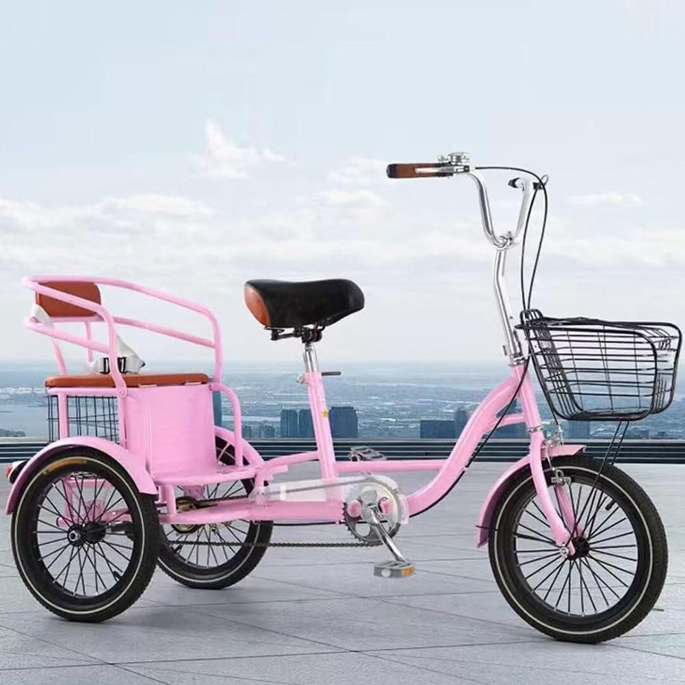 MegLob 16IN Adult Tricycle, 3 Wheel Tandem Bicycle with Shopping Baskets, 1 Speed Tricycle with Double Disc Brake, Three-Wheeled Cargo Bike for Seniors, Cruiser Bike for Picnic, Pink