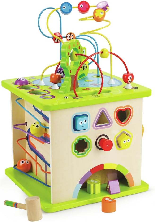 Country Critters Wooden Activity Play Cube By Hape | Wooden Learning Puzzle Toy For Toddlers, 5-Sided Activity Center With Animal Friends, Shapes, Mazes, Wooden Balls, Shape Sorter Blocks And More