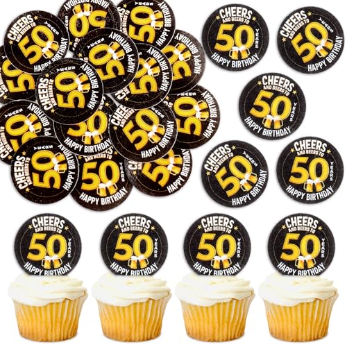 40 Pack Edible 50th Birthday Cupcake Toppers Edible Glutinous Rice Paper Hello Thirty Birthday 50 Fabulous Cupcake Picks Women Men Birthday Party Anniversary Party Decorations Supplies (black 50th)
