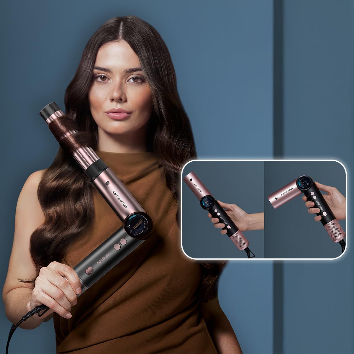 Cecotec Wielofunkcyjna szczotka do dmuchania toaletki - 8 akcesoriów i elastyczny uchwyt AirGlisse 8w1 Flex szampański. 1400 W, 110000 obr/min, ekran, powłoka ceramiczna i keratyna, technologia Coanda