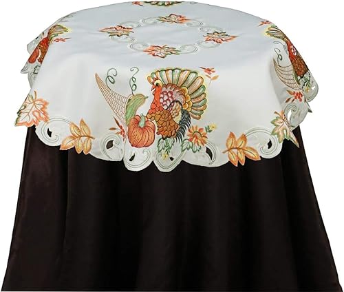 Miniatura 7 de Mantel Creative Linens individual, con hojas de arce en otoño, diseño de pavo y calabaza para Día de Acción de Gracias, color marfil, camino para