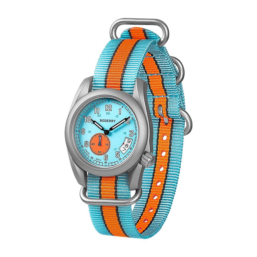 BODERRY Reloj de campo de titanio de 38 mm para hombre, movimiento de cuarzo suizo, reloj militar, función de fecha, resistencia al agua hasta 100 m, Voyager