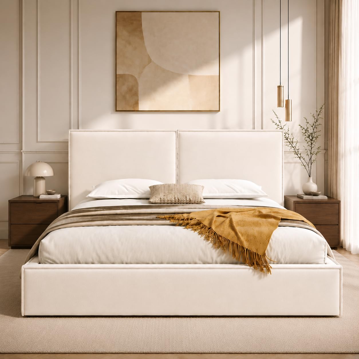 Letto Imbottito 180x200 Rivestimento in Lino Letto Matrimoniale con Testiera Imbottita Bed King Size con Rete a Doghe con Sollevamento Idraulico con Vano sotto la Rete Camera Beige