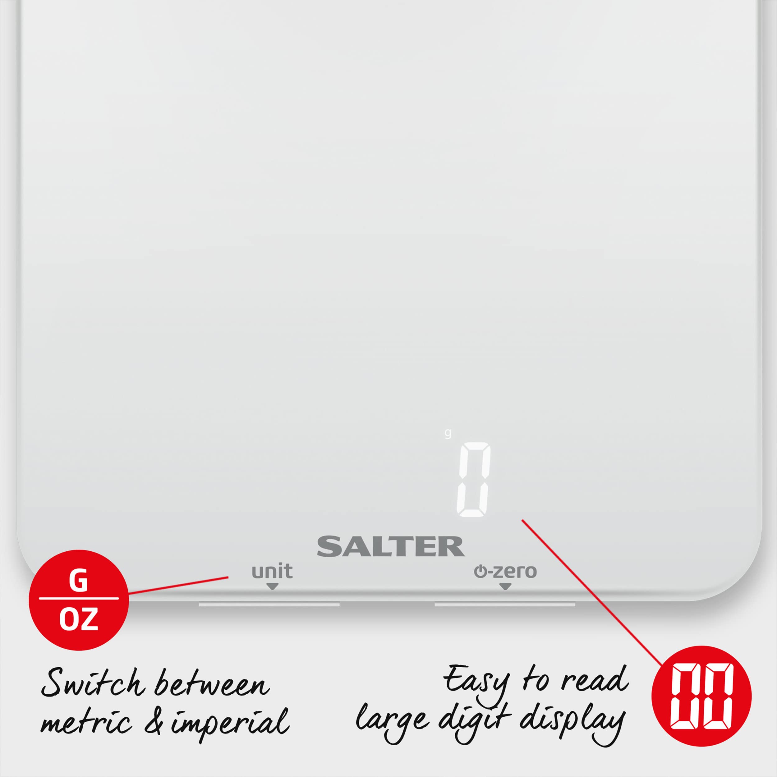 Salter 1180 WHDR Phantom Elektroniczna waga kuchenna, zakres do 5 kg, czytelny wyswietlacz ukryty do czasu podswietlania, duza, cienka platforma szklana, tarowanie, pomiar ilosci plynów, szaro-biala