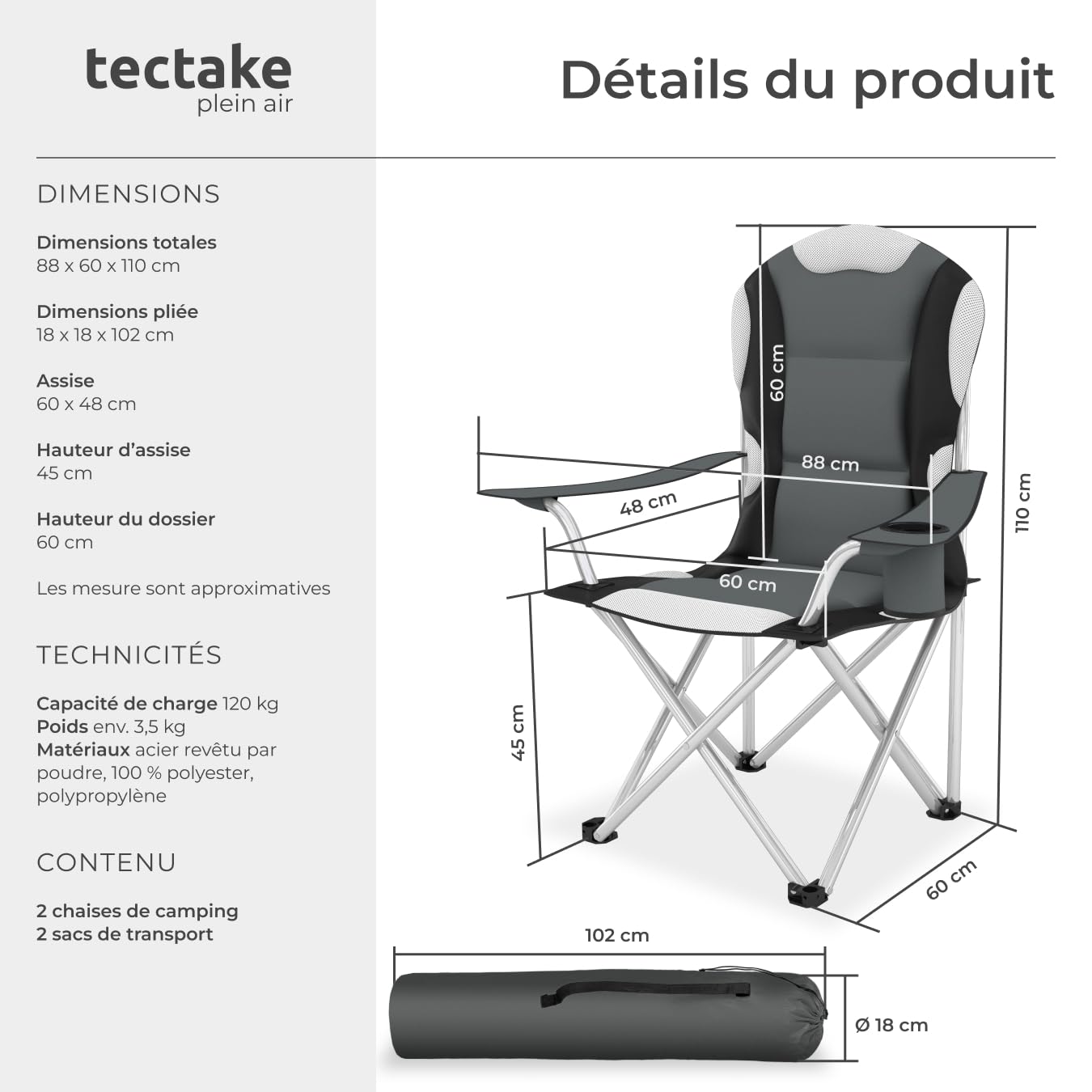 tectake Chaise de Camping Fauteuil Pliable avec Porte-Boisson et Sac de Transport - Rembourrage en Mousse -diverses Couleurs et Tailles au Choix- (Gris (2 pièces)) Ø Cadre: Environ 19 mm