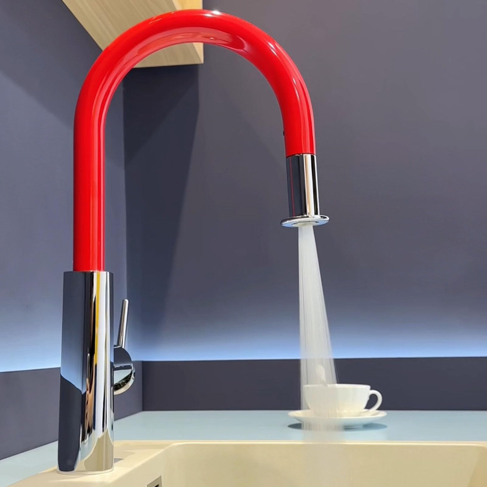 Grifo Fregadero Extensible Monomando Cuello de Cisne Grifo Cocina Caño Alto 2 Modos,rojo