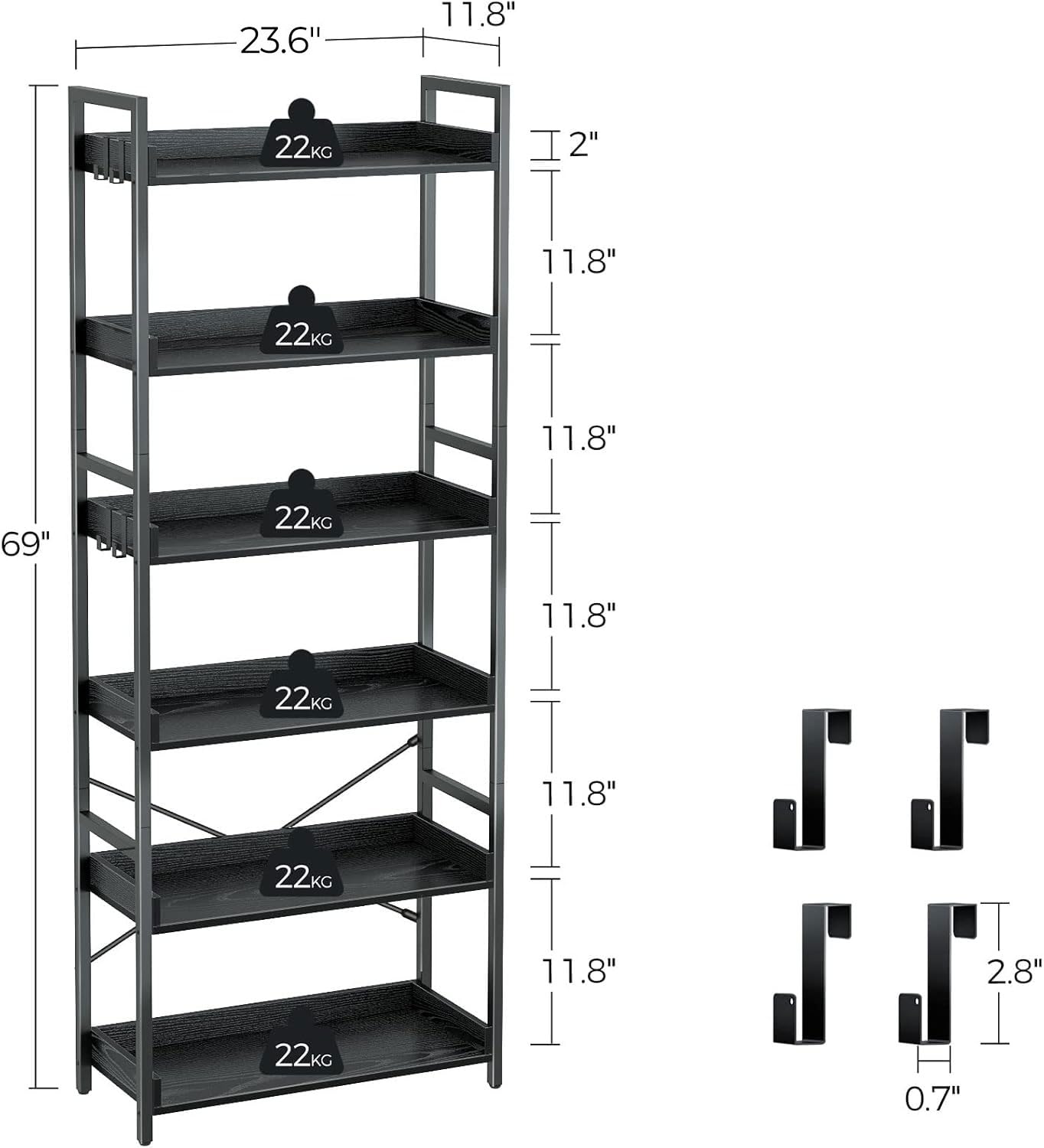 Amazon.com: Rolanstar Bookshelf 6 Tier with 4 Hooks, Industrial