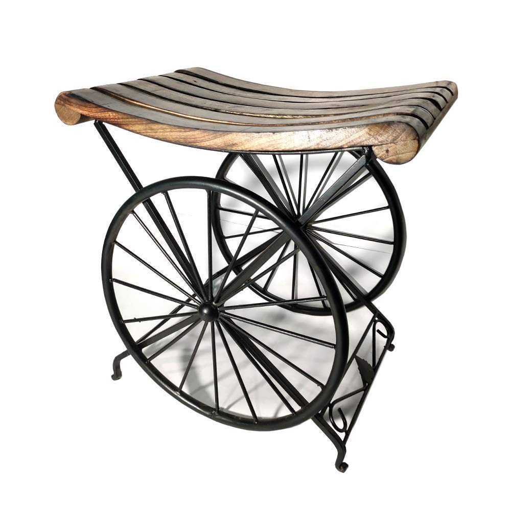 AS Wooden Handicraft Handmade Wrought Iron Wooden Sitting Stool | Wheel Shaped Stool with Metal Base | Attractive Stool | Best for Garden, Home, Living Room, Bedroom, Footrest (Black & Brown)-image-31