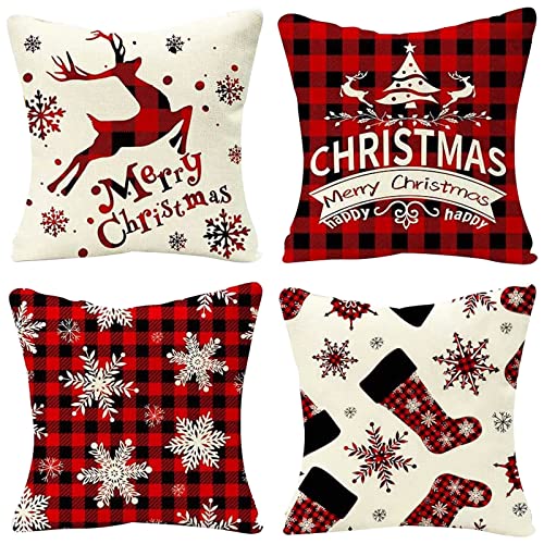 Lomhyve 4 STK Kissenbezug Weihnachten 45x45 cm, Weihnachtskissenbezüge, Weihnachten Deko Kissenhülle Kissenbezug, Leinen Weihnachten Kissenbezug, Kissenbezug Set Frohe Weihnachten Dekoration Cover