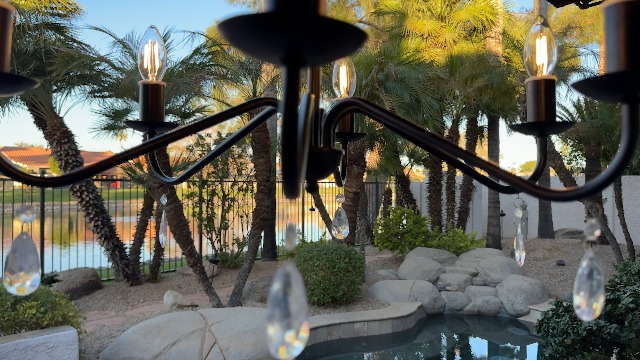 Image of Outdoor 12V Plug-in 4-Light Farmhouse Chandelier, Curved Arm