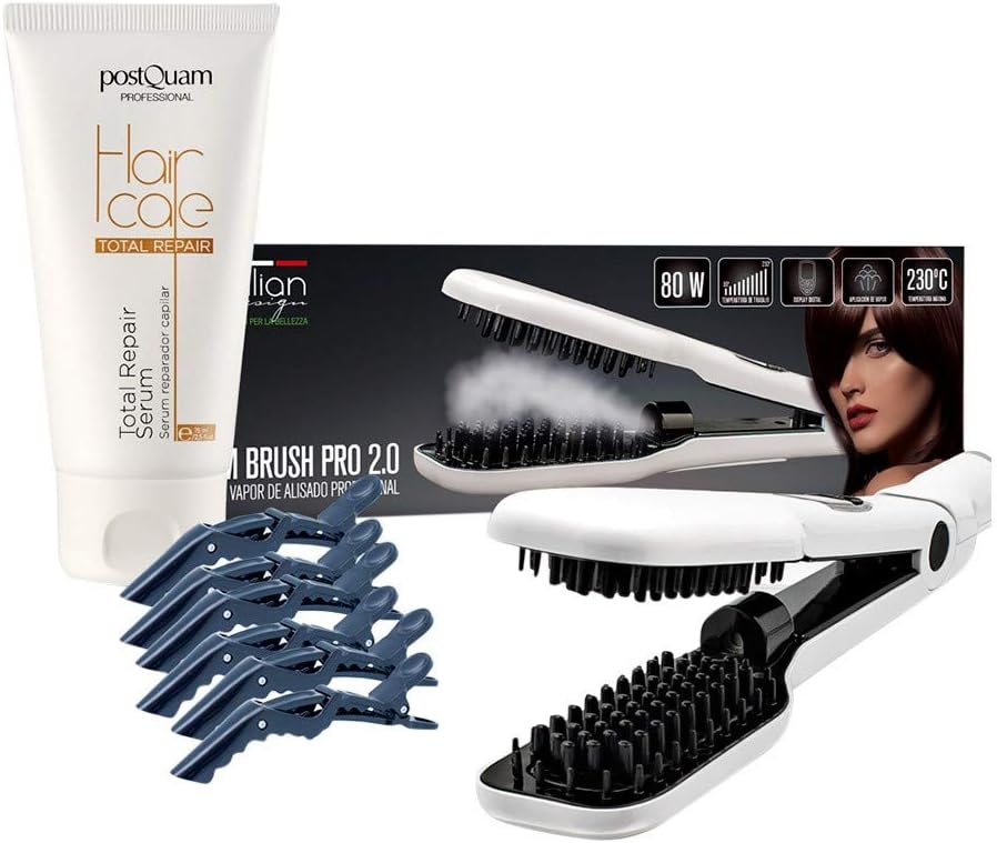 PACK CEPILLO DE VAPOR ALISADOR + 6 PINZAS PROFESIONALES + SERUM REPARADOR CAPILAR 75 ML