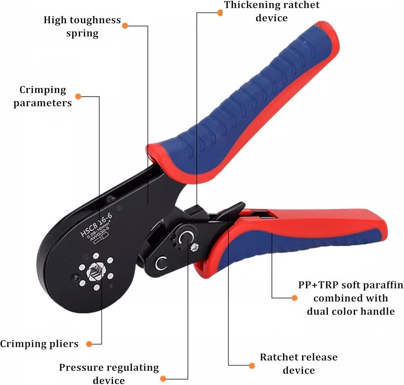 ZONJIE Krimpelő Fogó 0,08-16 mm² Vezetékvég Érvéghüvelyekhez, Ergonomikus Fogantyú, Ipari és Barkács Használatra, 30-5AWG Méretekhez