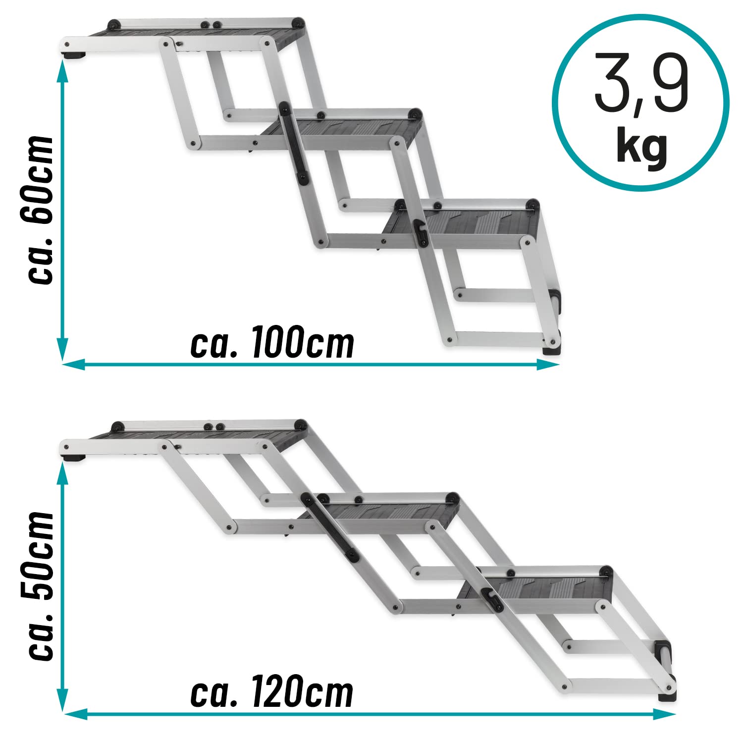 VOSS.PET Faltbare Hundetreppe, 3-stufige Kofferraumtreppe, Gelenkschonende Auto-Treppe, Einstiegshilfe für Hunde aus Aluminium mit Schutzmatte