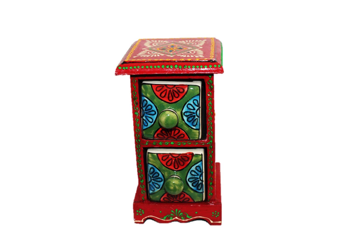 SHRIYAM CRAFT Embossed Painting Handmade Wooden and Ceramic 2 Drawers Small Chest Jewellery Organizer Desk Ta[red]-image-27