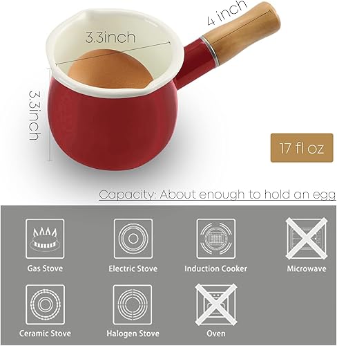 Miniatura 9 de FARCADY Mini olla de leche esmaltada de 0.6 cuartos con mango de madera aislado, 2 boquillas de vertido, calentador de alimentos pequeños, bonita