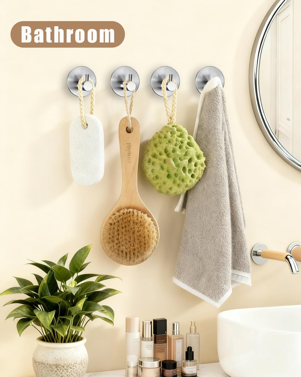 YLITREUS Ganci Adesivi Acciaio Inox 6 Pezzi - Ganci Portasciugamani Senza Forare, Impermeabili e Antiruggine per Bagno e Cucina, Argento