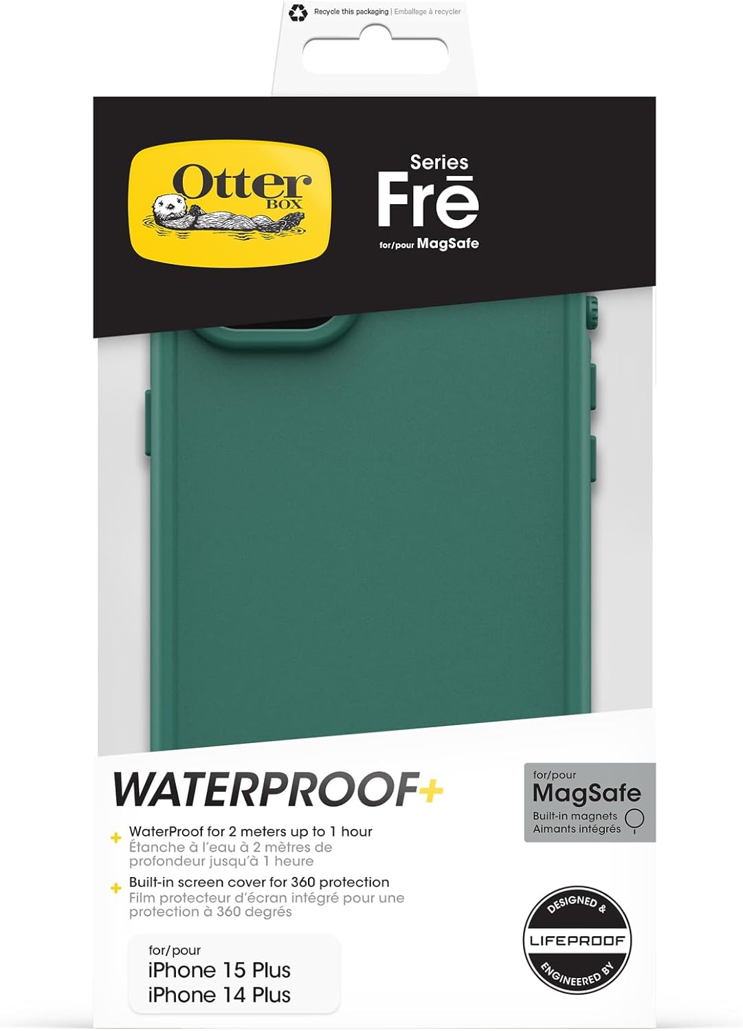 OtterBox iPhone 15 Plus and iPhone 14 Plus FRĒ Series Waterproof Case with MagSafe (Designed by LifeProof) - PINE (Green), waterproof, 60% recycled plastic, sleek and stylish