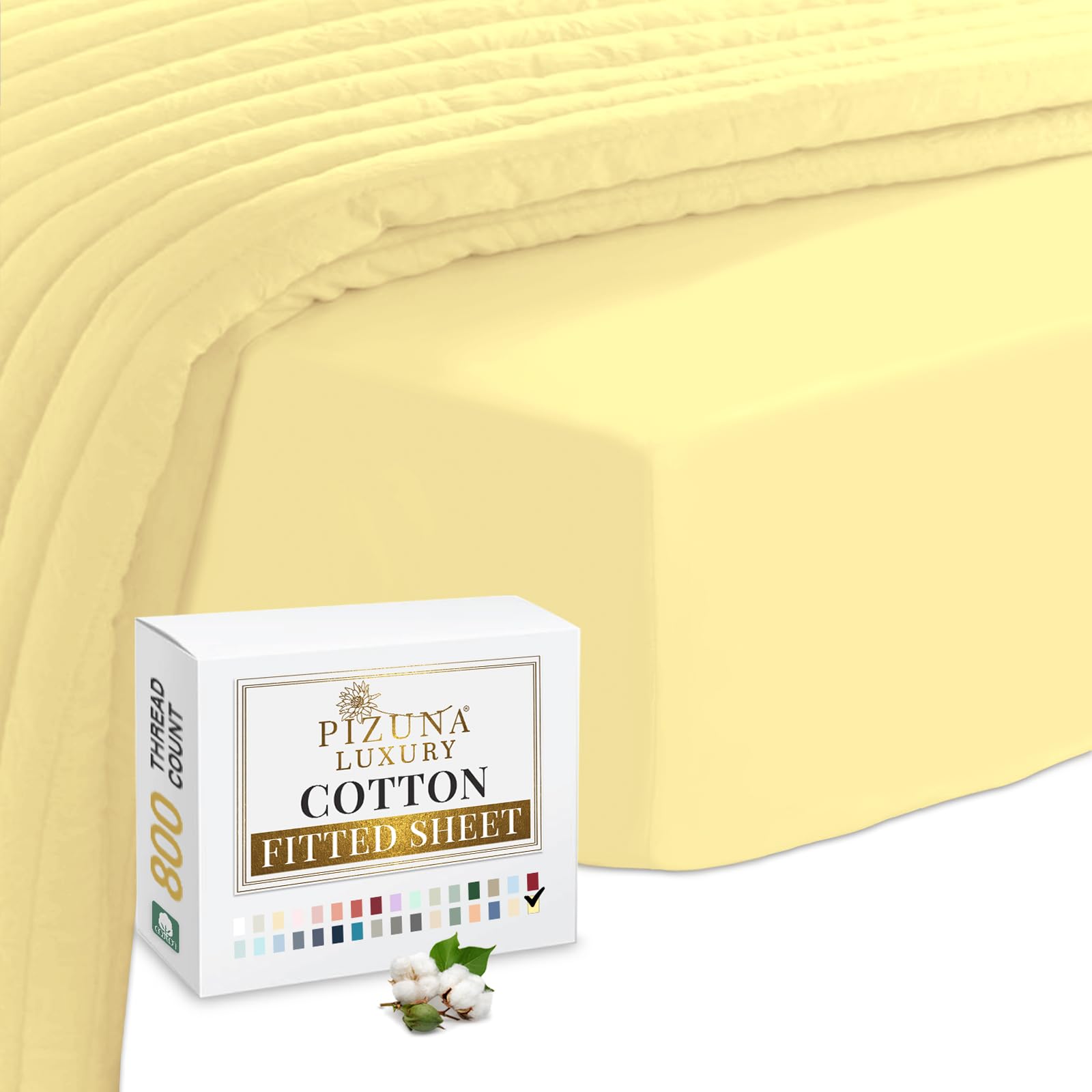 Pizuna Mellow Yellow Luxury Cotton Fitted Sheets 800 Thread Count 100% Long Staple Cotton Emperor Fitted Sheets 200X200cm, Sateen Weave Emperor Fitted Sheet Extra Deep 40 Cm 1 Pc