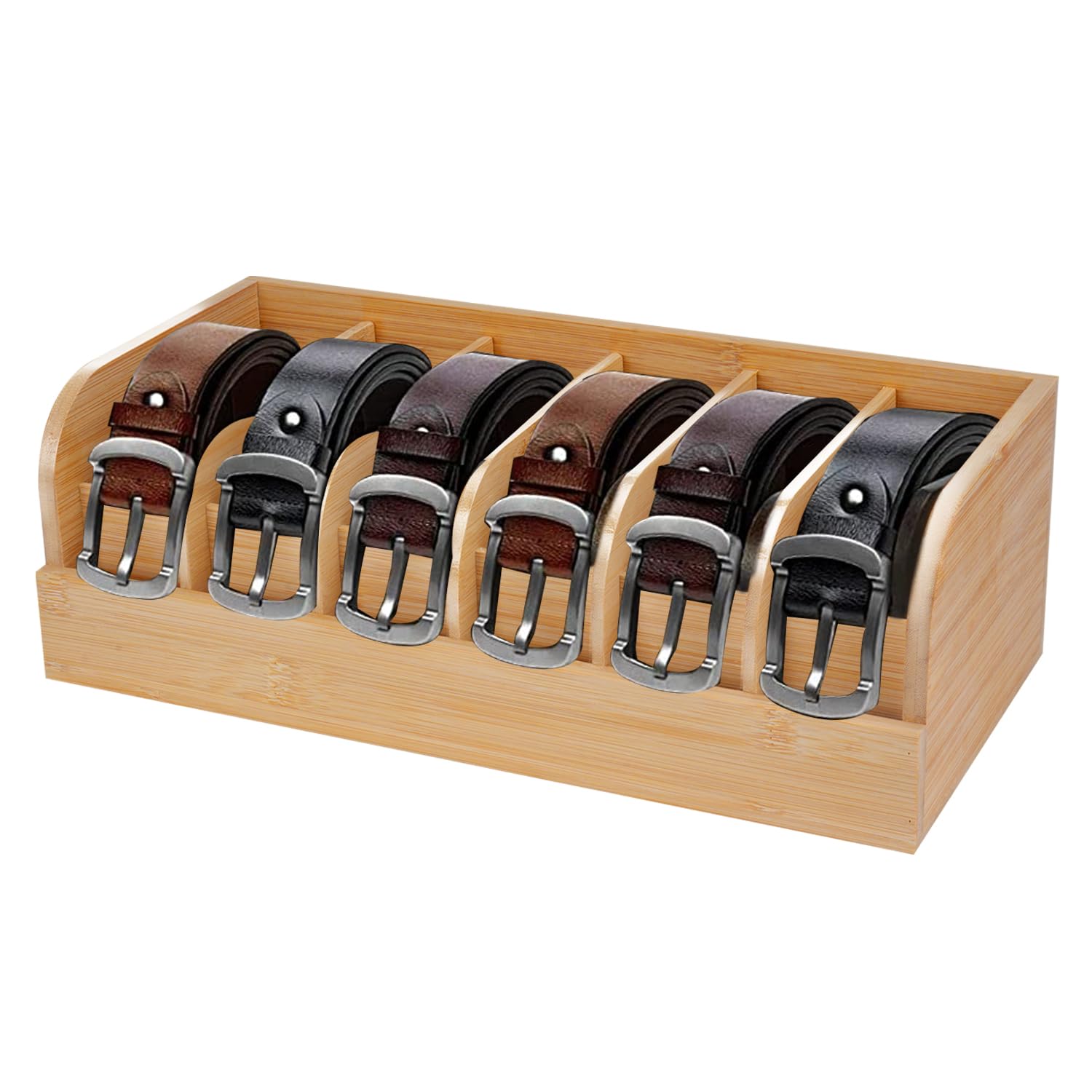 GTI Belt Organizer, 6 Compartments Belt Organizer for Closet and Drawer, Bamboo Display Case for Tie and Belt, Belt Storage Organizer for Men Women (Wooden)