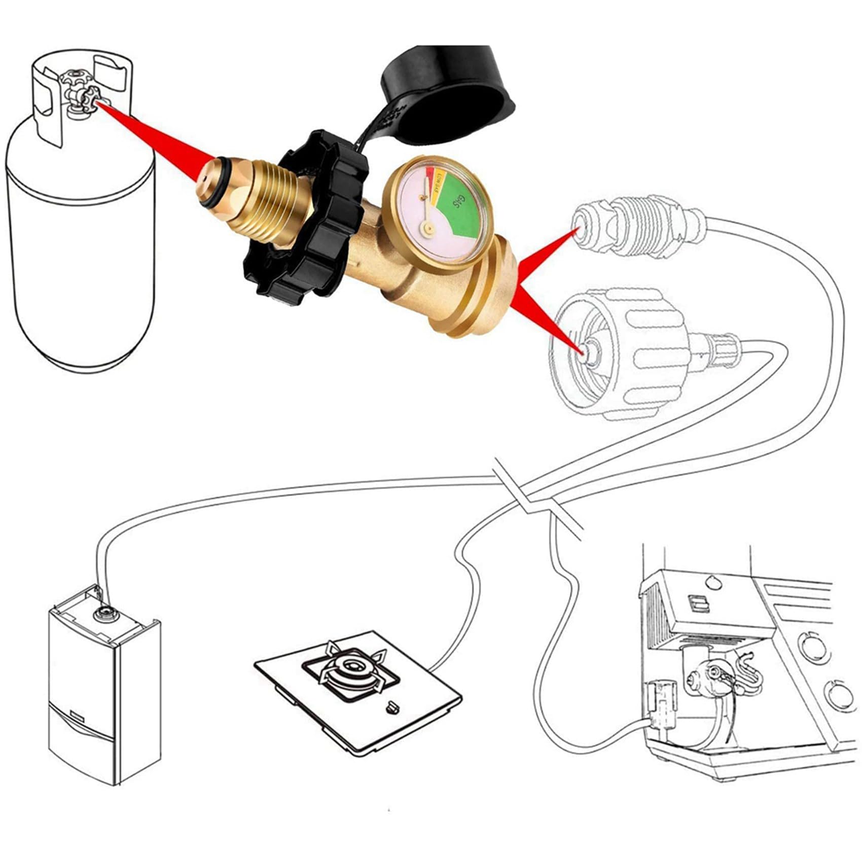 3 x uniwersalny adapter do zbiornika na propan, z manometrem, przekształca QCC1/typ 1, wskaźnik poziomu napełnienia zbiornika na propan, do kampera, cylindra