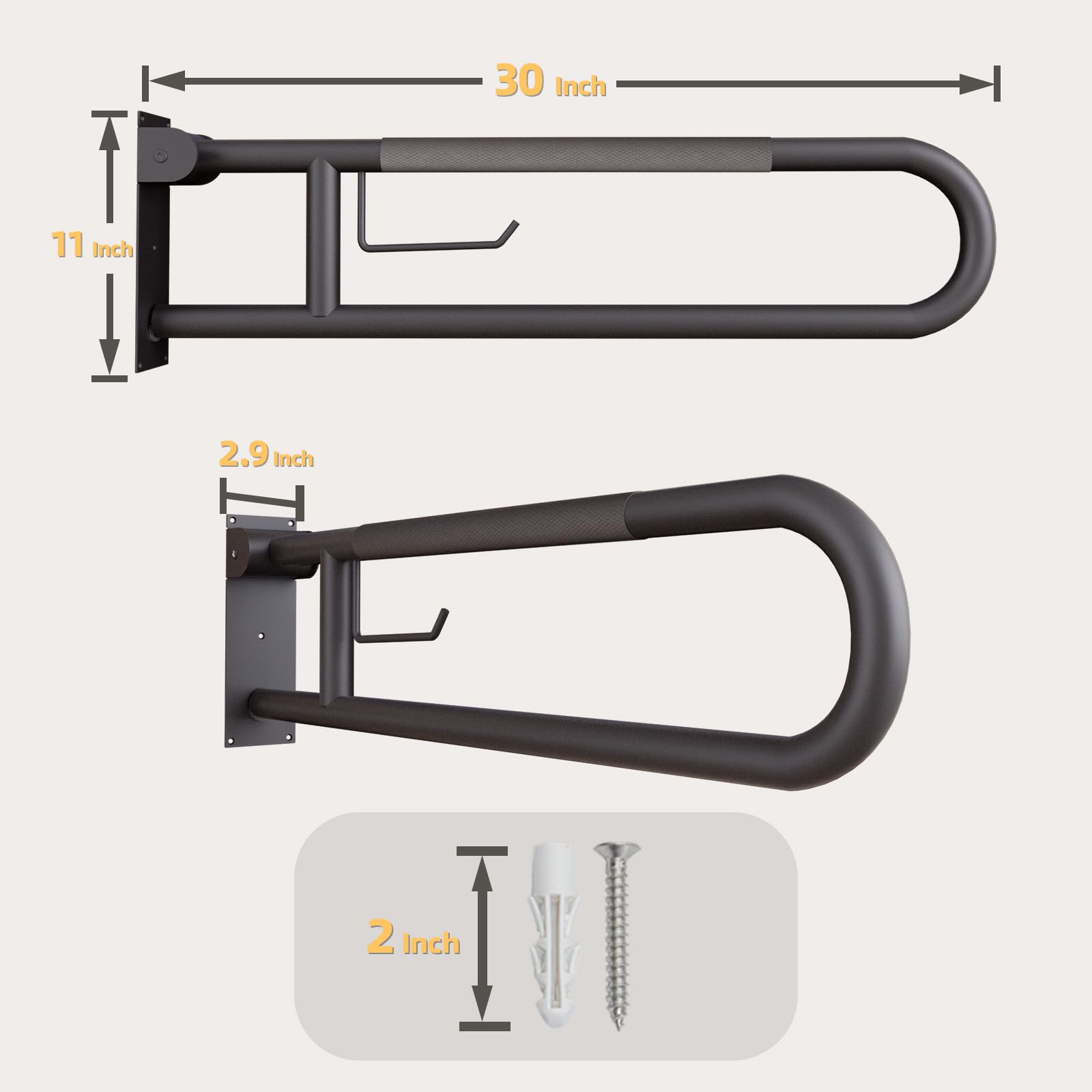 Maniglia per WC da 76 cm, nero opaco, pieghevole, con porta carta, barre antiscivolo zigrinate per WC, corrimano in acciaio inox per anziani disabili, anziani incinti