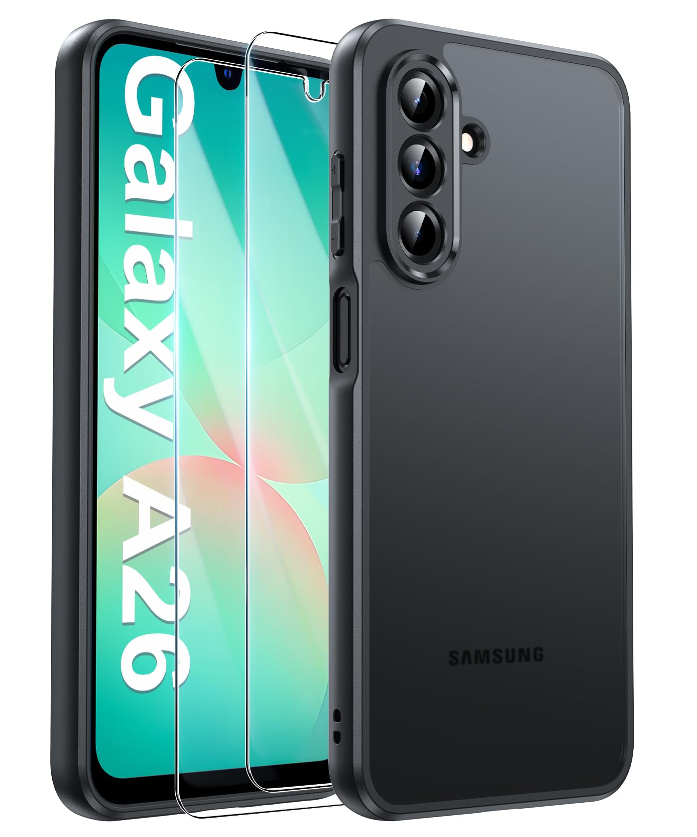 FLLAO Opaca Cover Compatibile con Samsung Galaxy A26 5G con 2 Vetro Temperato, [Della Fotocamera Protezione] Anticaduta Antiurto Anti-Graffio Anti-Impronte Hard PC Glassata Custodia Nero