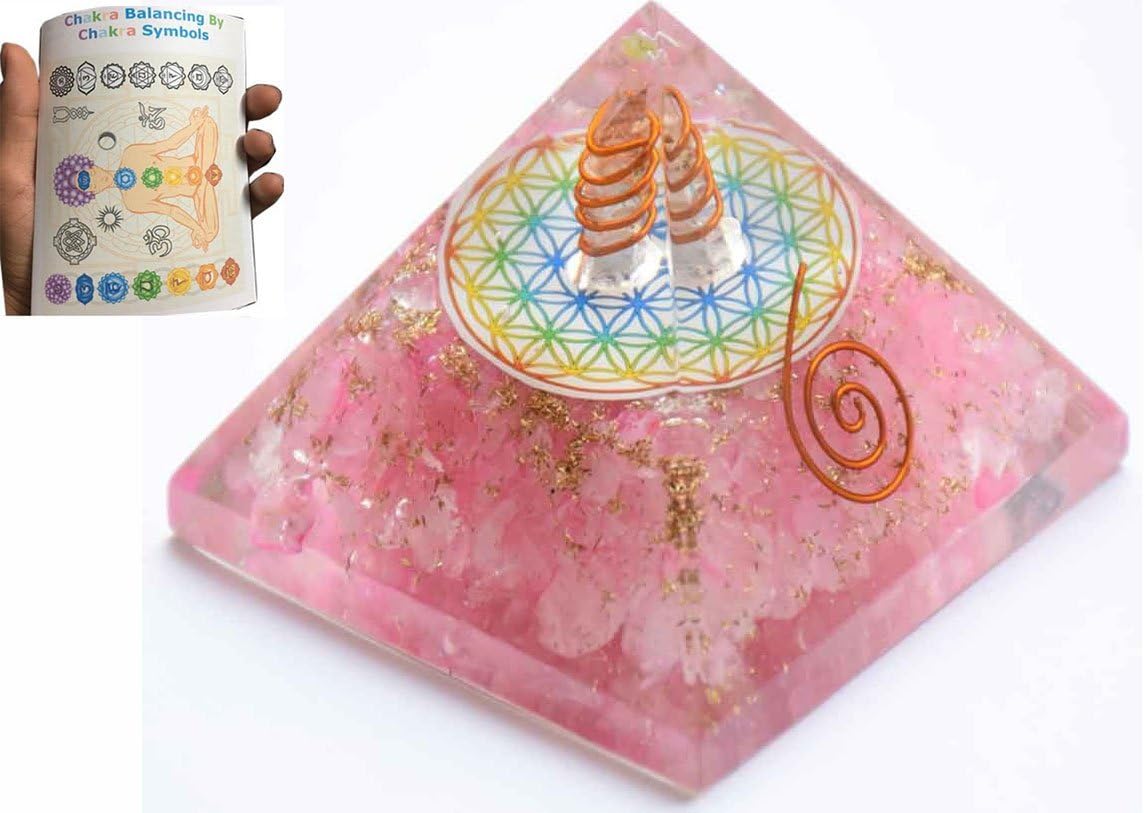 New Rose Quartz Chakra Orgone Pyramid Free 20 Page Booklet with Crystal Gemstones Copper Metal Mix Rare Healing Positive Energy, Memory Concentration Meditation Spiritual,Business Prosperity Success