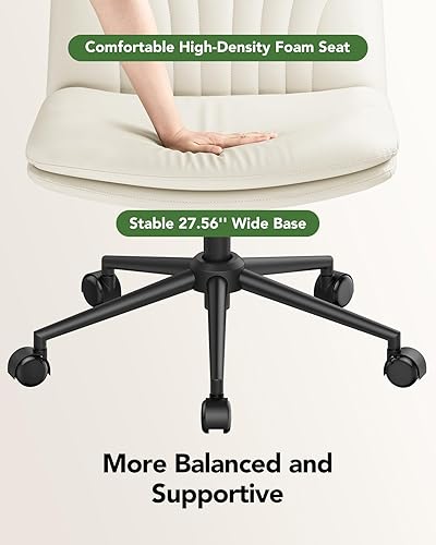 Miniatura 8 de Marsail Silla de escritorio de oficina sin brazos con ruedas, silla ancha de piel sintética con patas cruzadas, cómodas sillas giratorias ajustables