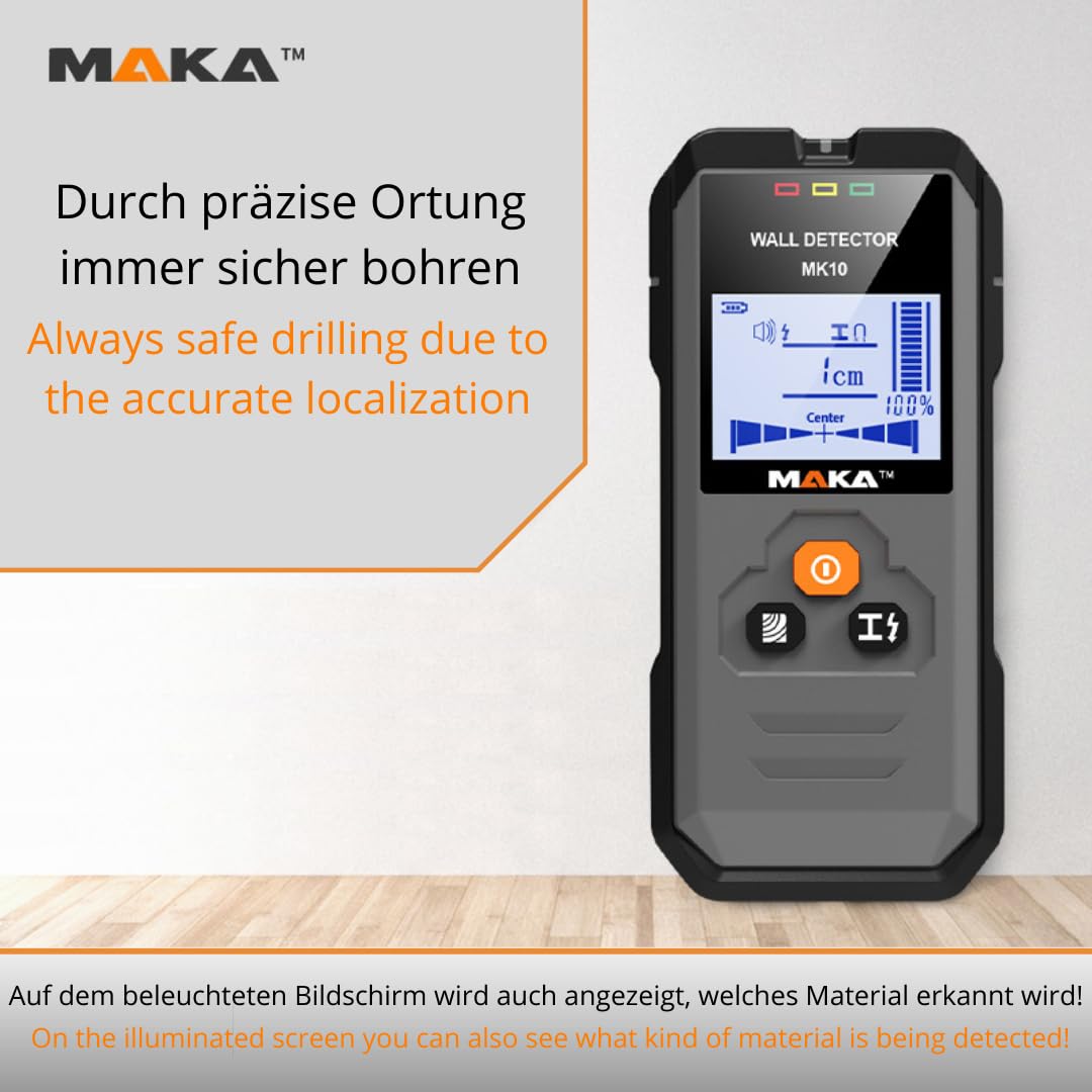 MAKA Digitaler Leitungssucher - Erkennung von Kupfer, Metall, Holz & Wechselstromleitungen bis zu 120 mm mit hörbarer Warnung - Multifunktionaler Wandscanner - Rohrsucher
