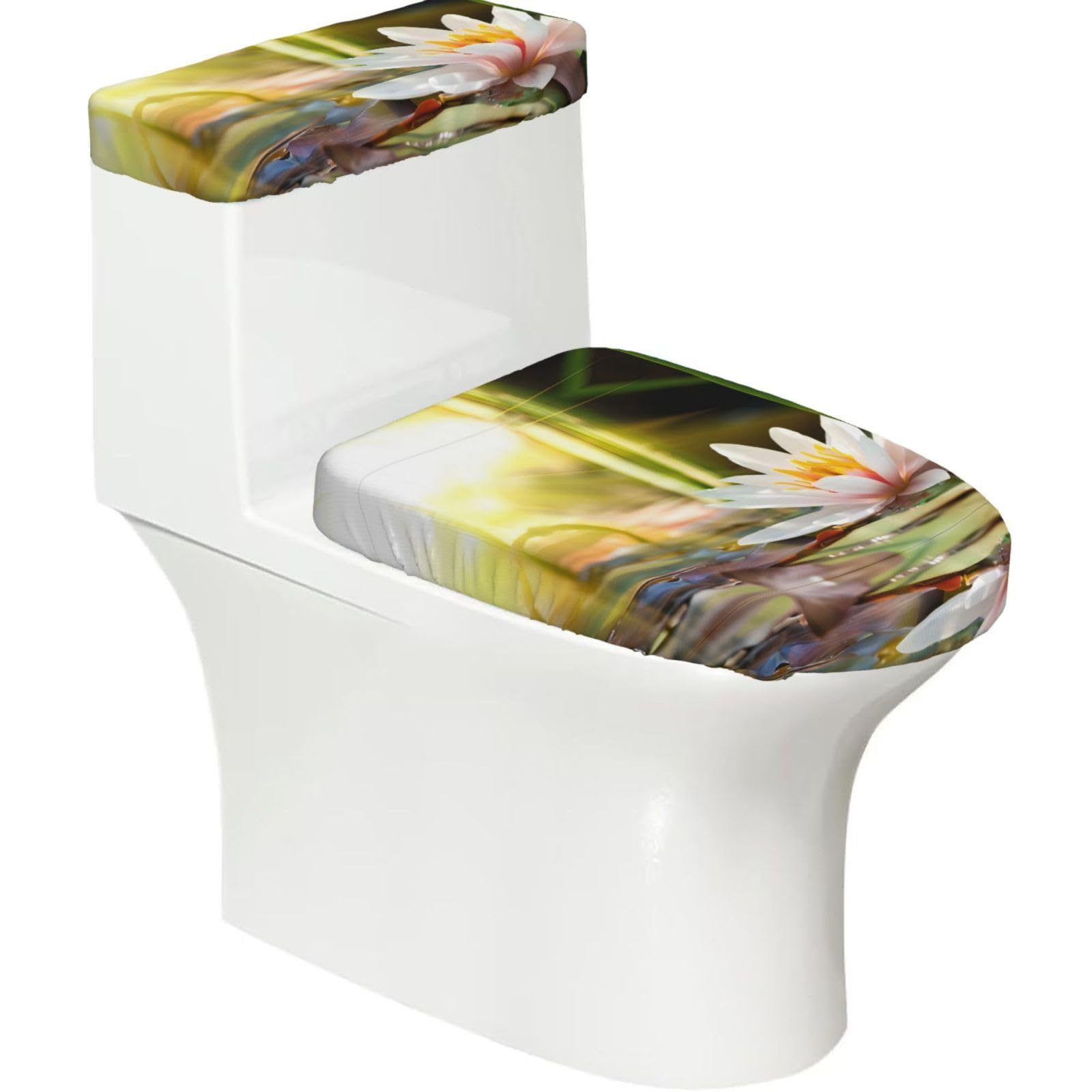 Lotus Blossom 2-Piece Toilet Seat Cover Set with Tank Lid - Elastic for U-Shape & Elongated - Bathroom Decor