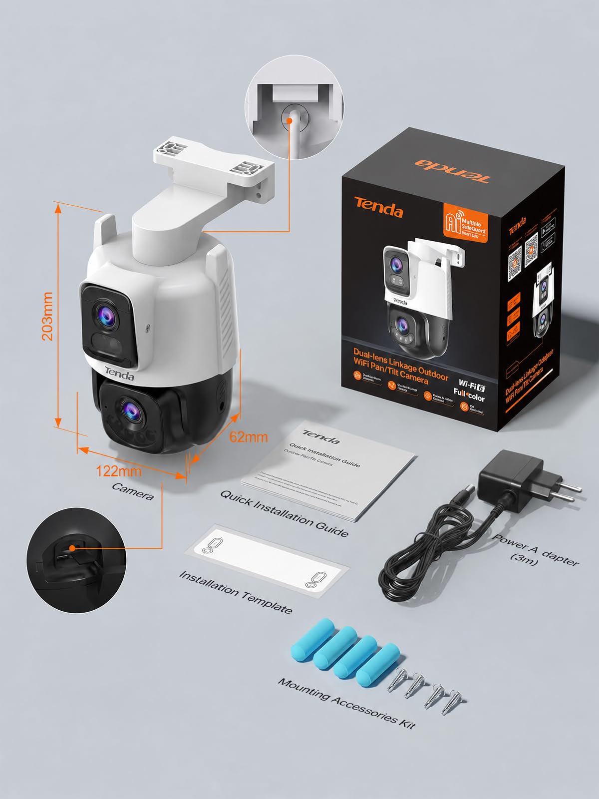 Tenda CH9 Telecamera Wi-Fi Esterno Doppia Lente 2K+2K, Wi-Fi 6 PTZ 360°, Pattugliamento Automatico, Visione Notturna a Colori, Allarme Sonoro/Luminoso, Rilevamento Umano/Veicoli, IP65