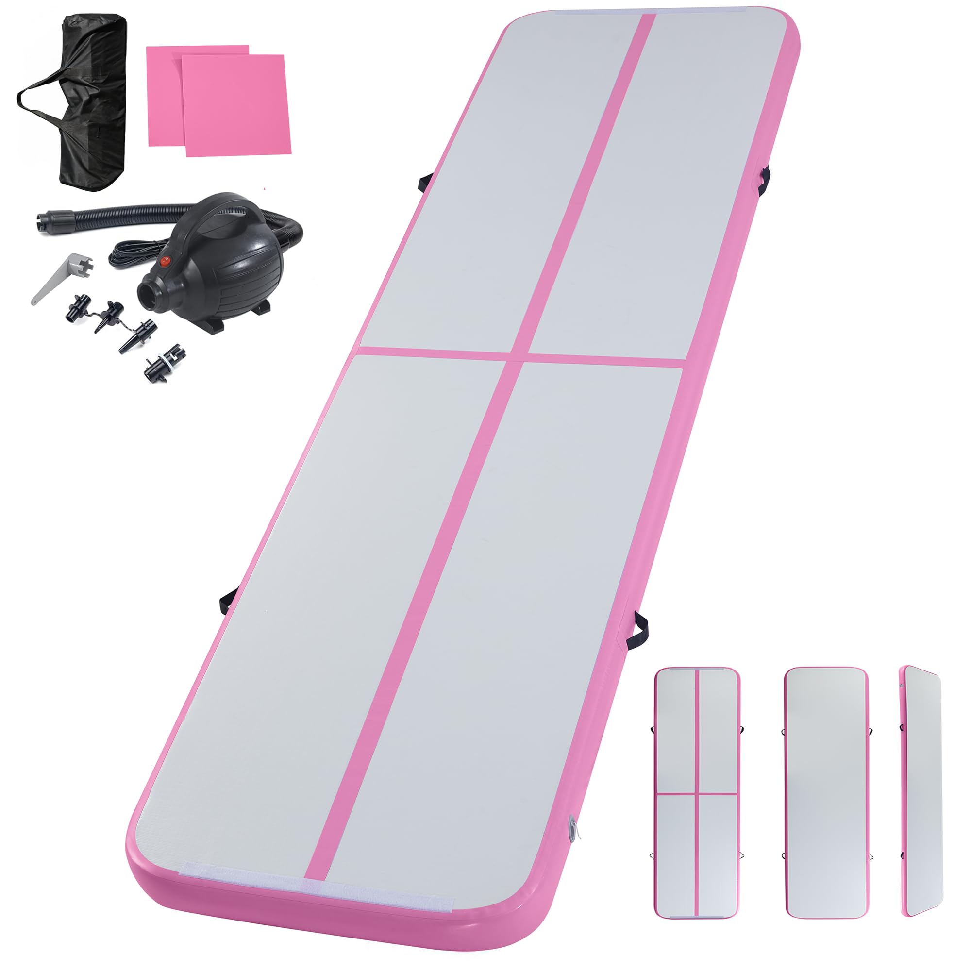 LSLIFE Air Gymnastics Track Inflatable Tumble Track Mat, 10ft 13ft 16ft 20ft Air Tumbling Mat with Air Pump Gym Tumbling Floor Mats for Home Use/Cheerleading (Pink, 10ft*3.3ft*4in(300x100x10cm))