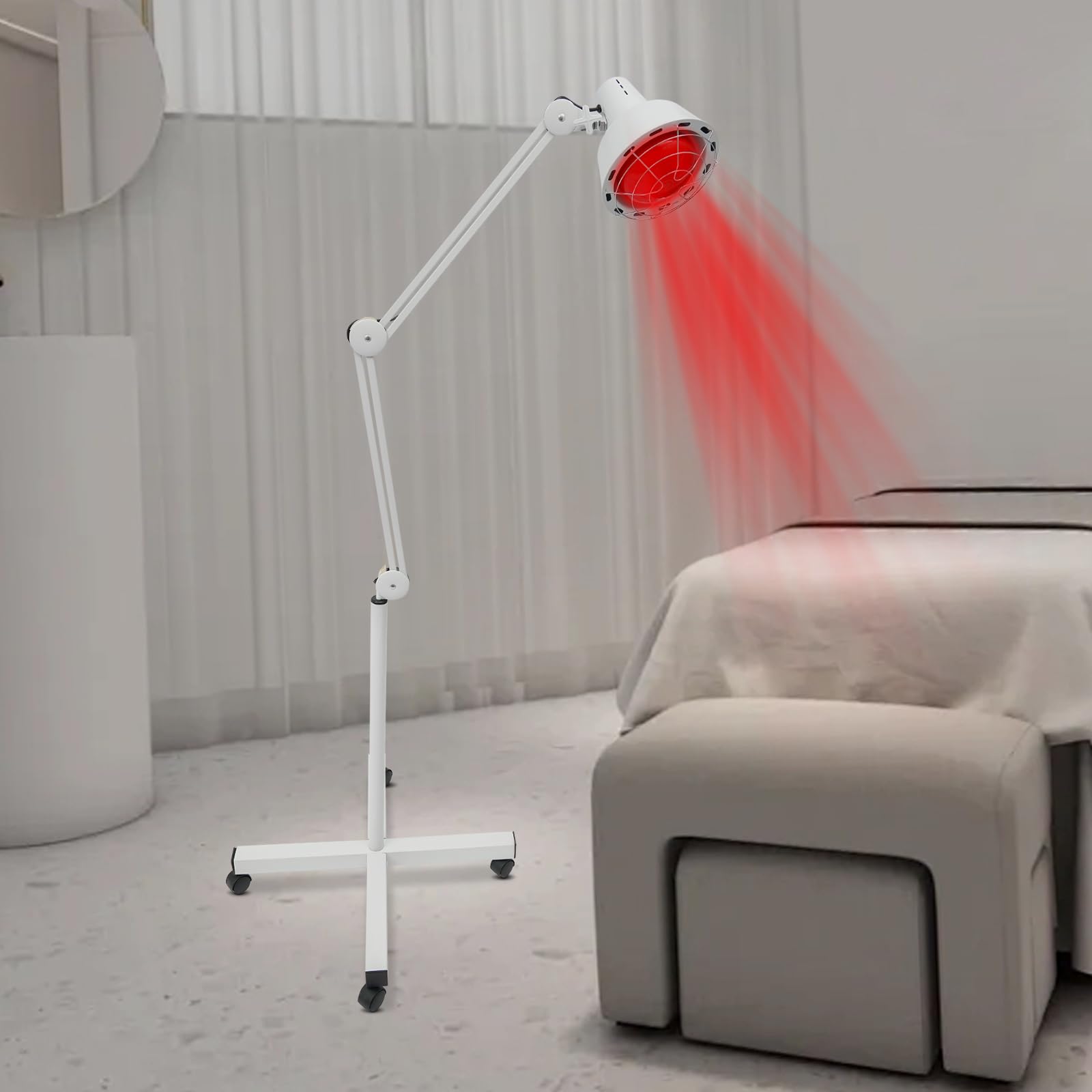 Lámpara de luz roja infrarroja, 275 W, 360°, lámpara de luz roja con base y 4 ruedas universales, temperatura ajustable de 0-90 °C, uso doméstico portátil con luz infrarroja